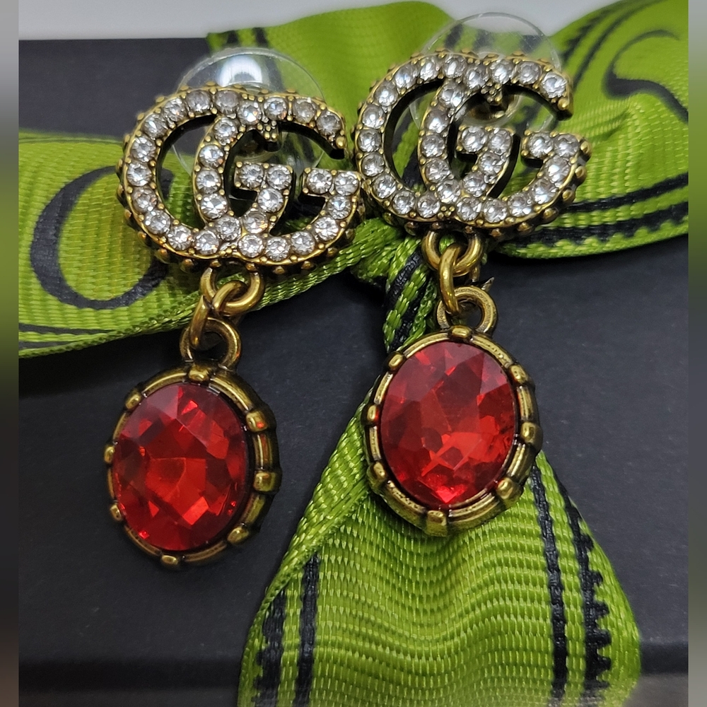 Gucci CrystalGold/Ruby Red Faceted Crystal Earings, Box & Bow